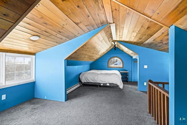 unfurnished bedroom with wood ceiling, a baseboard heating unit, vaulted ceiling, and carpet flooring