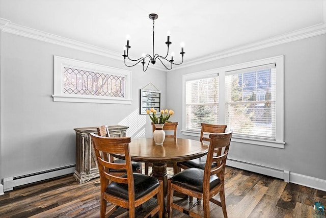 dining room with a baseboard heating unit, ornamental molding, and dark wood finished floors