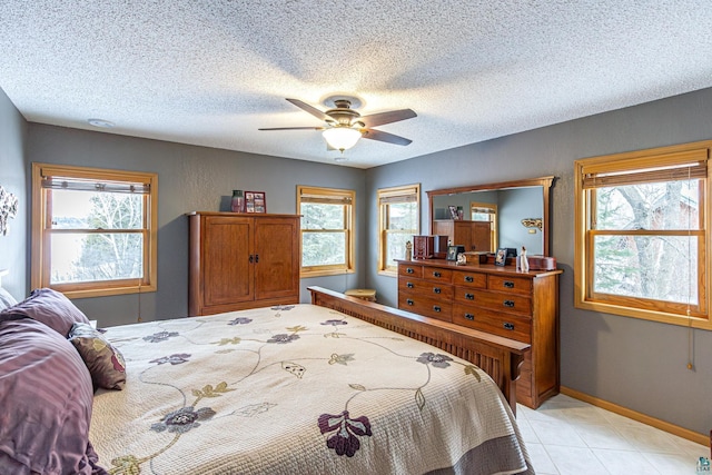 bedroom featuring ceiling fan, baseboards, and a textured ceiling