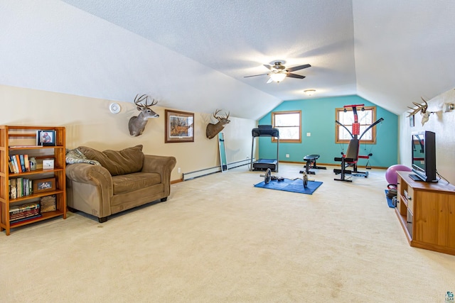 workout room with baseboards, lofted ceiling, baseboard heating, a textured ceiling, and carpet flooring