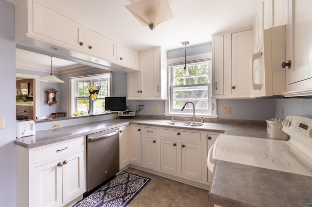 kitchen with a wealth of natural light, a sink, electric range, and stainless steel dishwasher