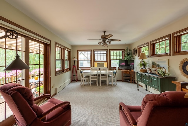 sunroom / solarium with a ceiling fan and baseboard heating