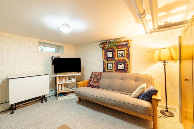 living room with carpet and wallpapered walls