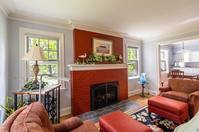 living area with plenty of natural light, a fireplace, ornamental molding, and wood finished floors