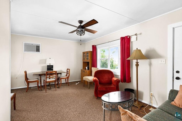 living area featuring ceiling fan, carpet flooring, baseboards, an AC wall unit, and ornamental molding