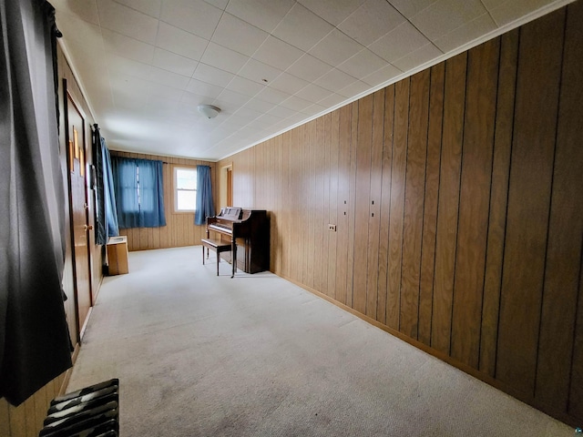 interior space with crown molding, wooden walls, and carpet flooring