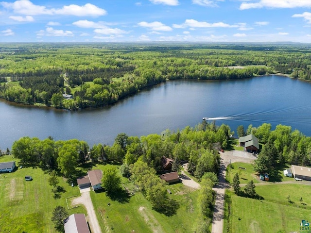 birds eye view of property featuring a water view and a wooded view