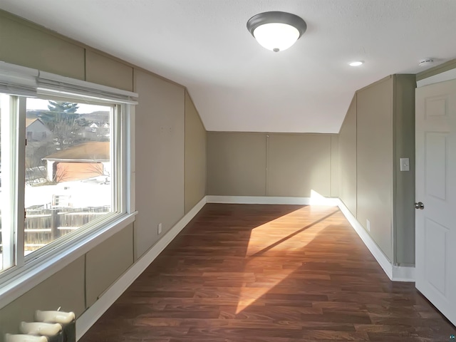 additional living space with dark wood-type flooring and lofted ceiling