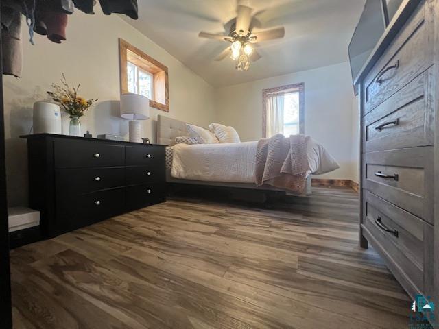 bedroom featuring dark wood-type flooring, multiple windows, and a ceiling fan