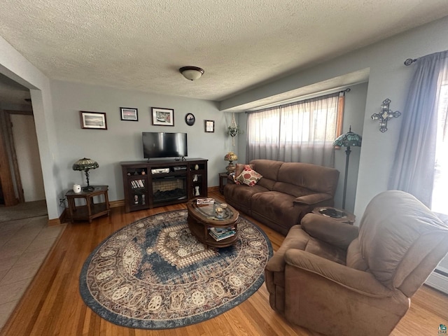 living area featuring a textured ceiling and wood finished floors