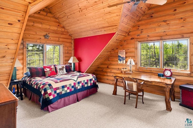 carpeted bedroom featuring wooden ceiling, high vaulted ceiling, and log walls