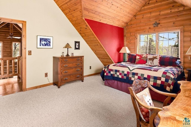 carpeted bedroom featuring log walls, baseboards, and high vaulted ceiling