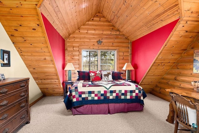 carpeted bedroom with rustic walls, wooden ceiling, and high vaulted ceiling