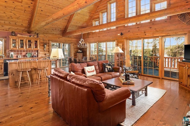 living area with beamed ceiling, high vaulted ceiling, wood ceiling, and light wood finished floors