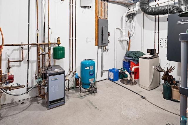 utility room with electric panel and a heating unit