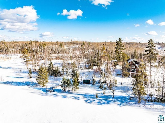 snowy aerial view featuring a forest view