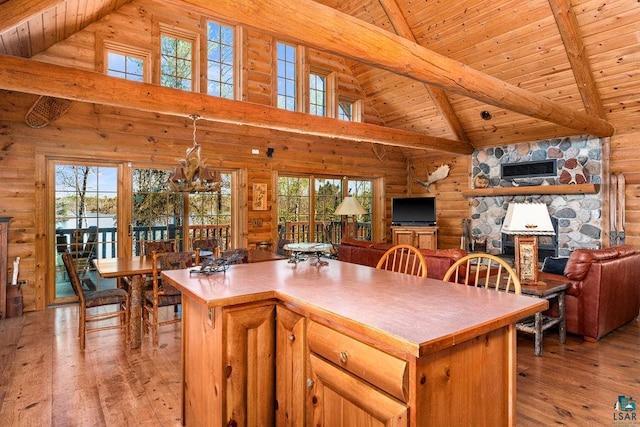 kitchen featuring a kitchen island, beamed ceiling, wood ceiling, light wood-style floors, and log walls