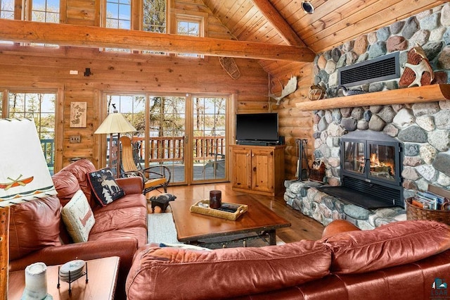 living area featuring beam ceiling, high vaulted ceiling, wood finished floors, wooden ceiling, and log walls