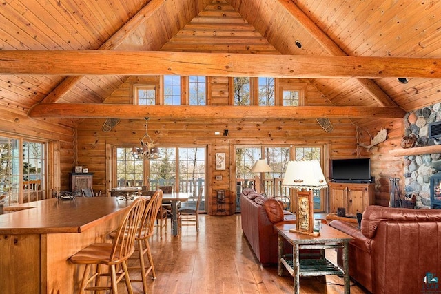 living room with light wood-type flooring, a notable chandelier, beamed ceiling, and wooden ceiling