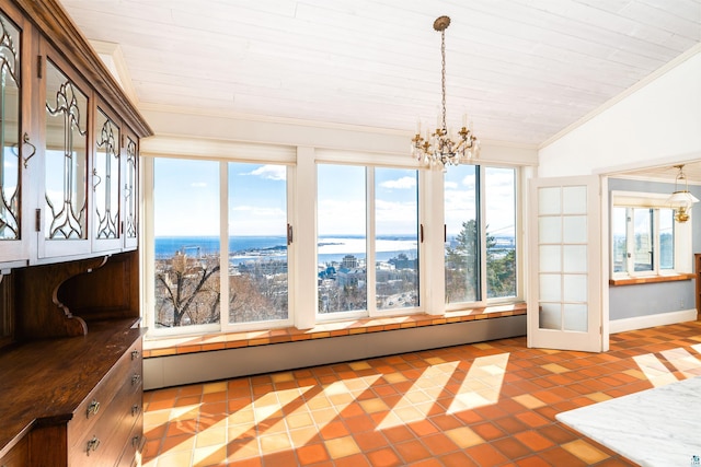 unfurnished sunroom with a baseboard radiator, an inviting chandelier, lofted ceiling, wood ceiling, and a water view