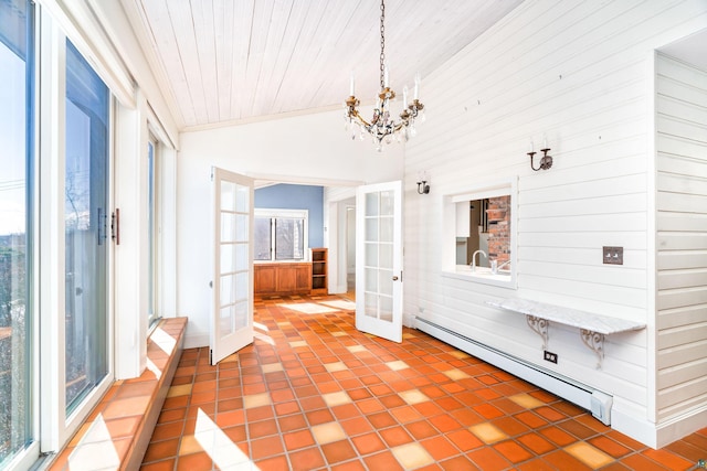 unfurnished sunroom with wood ceiling, vaulted ceiling, french doors, a notable chandelier, and a baseboard radiator