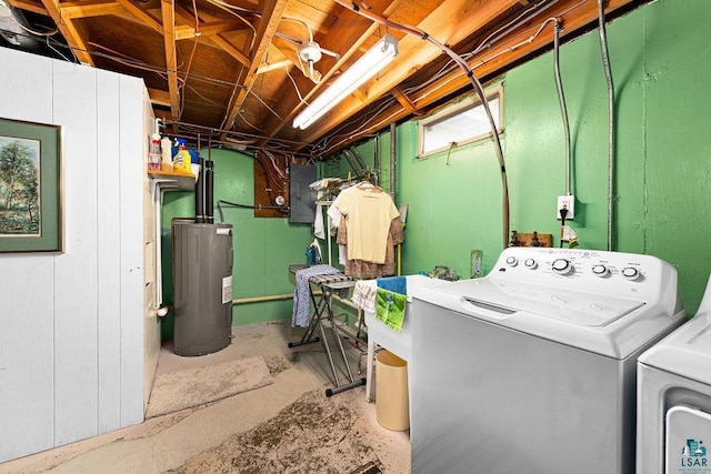 laundry room featuring laundry area, electric panel, water heater, and washer and clothes dryer