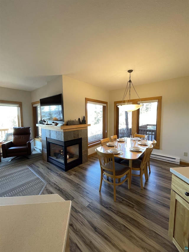 dining space with baseboard heating, a healthy amount of sunlight, dark wood finished floors, and a fireplace