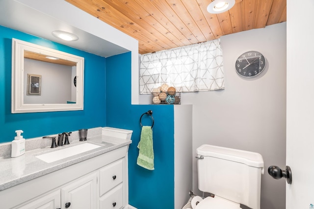 bathroom featuring toilet, wood ceiling, and vanity