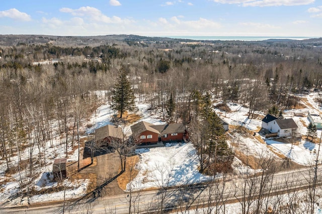 snowy aerial view featuring a forest view