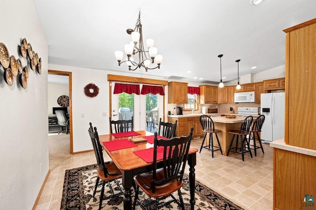 dining space featuring light tile patterned floors, baseboards, a notable chandelier, and recessed lighting