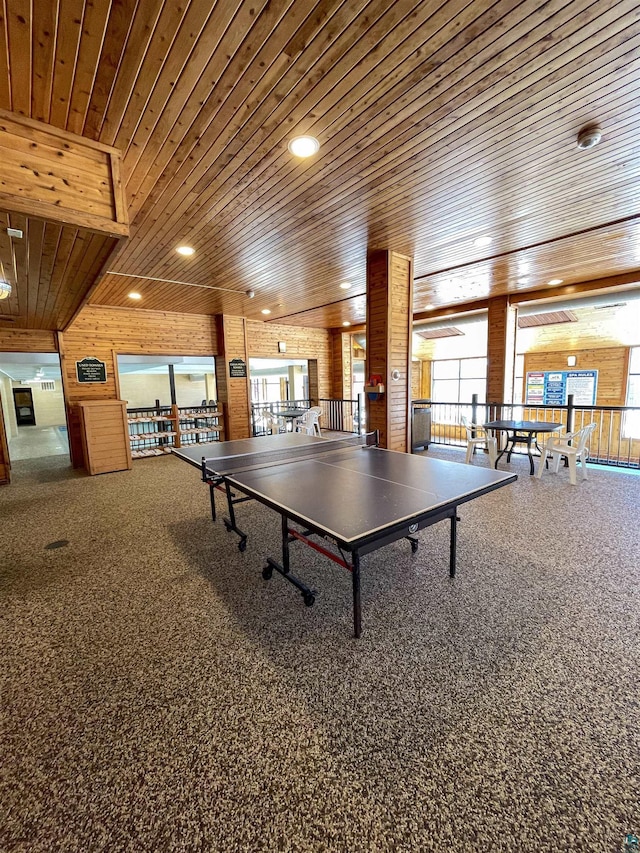 playroom featuring recessed lighting, wood ceiling, wood walls, and carpet floors