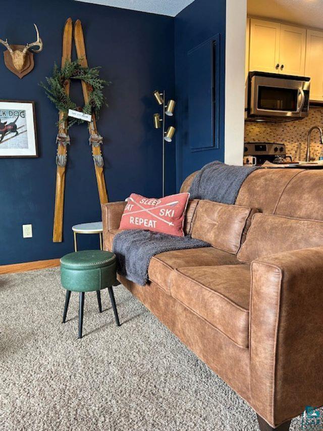 living room featuring baseboards and a textured ceiling