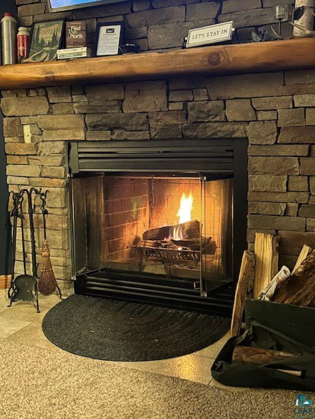 details with a stone fireplace and carpet flooring