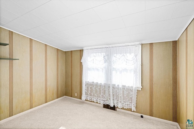 spare room featuring carpet and wooden walls