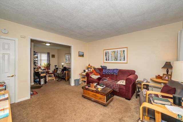 carpeted living area with a textured ceiling