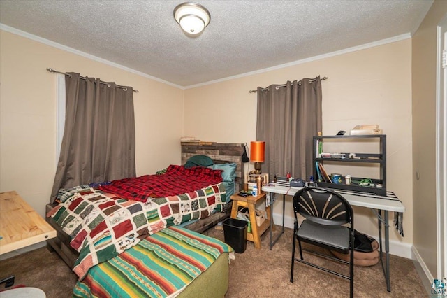 bedroom featuring baseboards, carpet floors, a textured ceiling, and ornamental molding