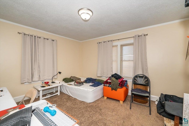 carpeted bedroom with a textured ceiling and ornamental molding