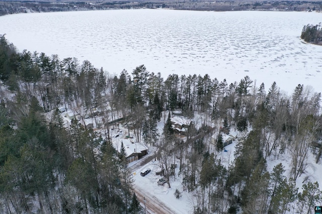 snowy aerial view with a water view