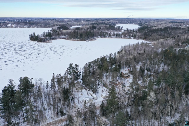 snowy aerial view with a forest view and a water view