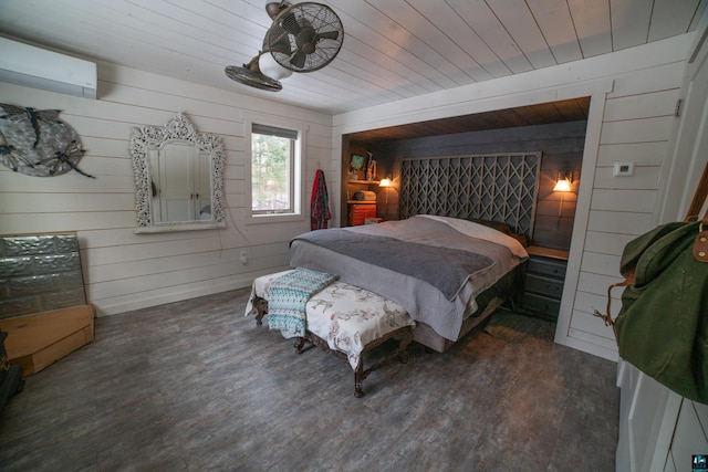 bedroom with dark wood-type flooring, wood ceiling, wood walls, and a wall unit AC