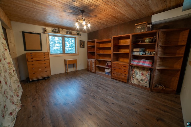 interior space with an inviting chandelier, wooden ceiling, a wall unit AC, and dark wood-style flooring