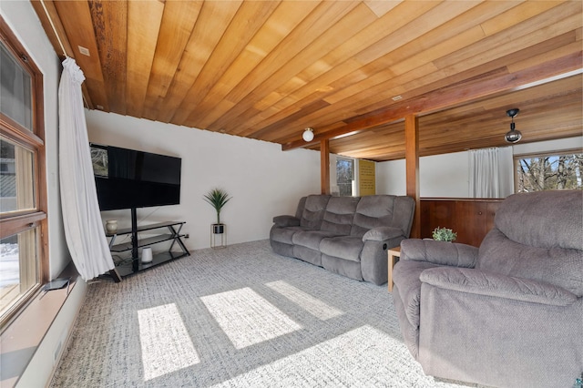 living room featuring wooden ceiling and carpet flooring