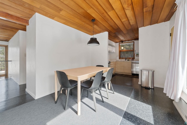 dining area with wooden ceiling, baseboards, and lofted ceiling