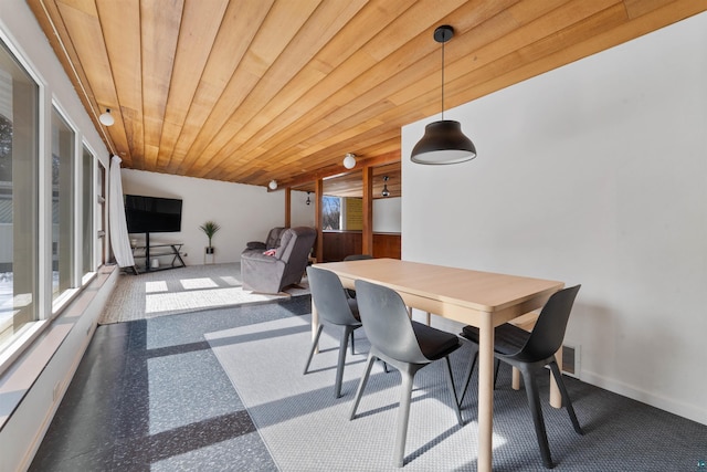 dining space featuring visible vents, wooden ceiling, and baseboards