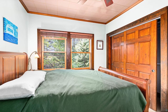 bedroom with ceiling fan and ornamental molding