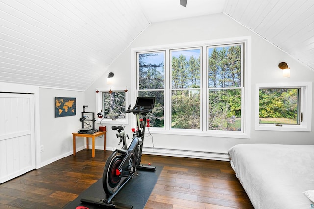 workout room with vaulted ceiling, baseboard heating, baseboards, and hardwood / wood-style floors