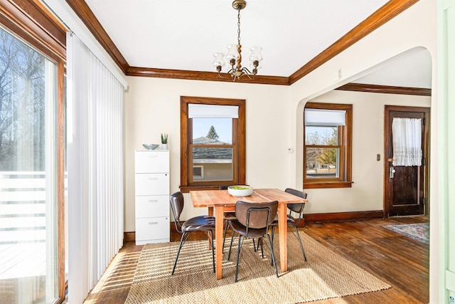 dining space with a healthy amount of sunlight, crown molding, and wood finished floors