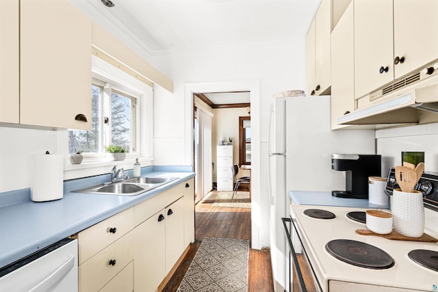 kitchen with a sink, crown molding, light countertops, white appliances, and dark wood-style flooring