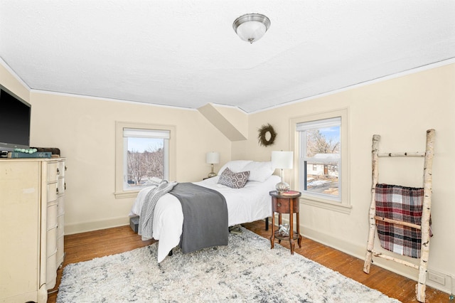 bedroom featuring multiple windows, wood finished floors, and baseboards