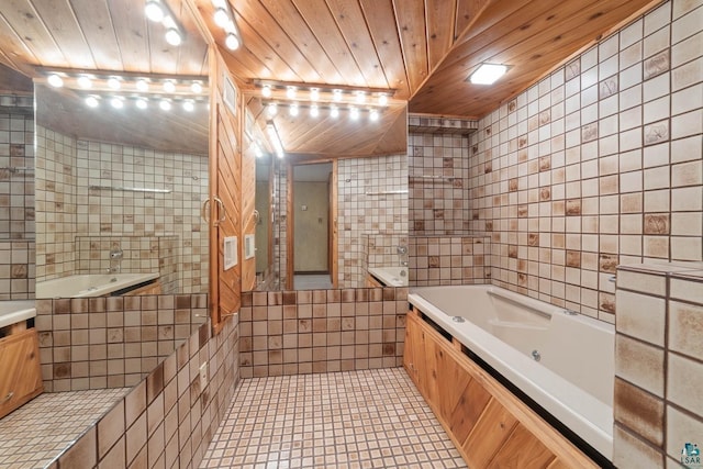 full bath with tile walls, wooden ceiling, tile patterned flooring, and a bath